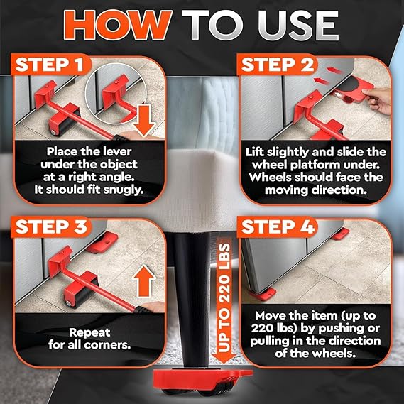 Heavy Furniture Moving Tool (5 In 1) Slider Remover Rolling Wheels
